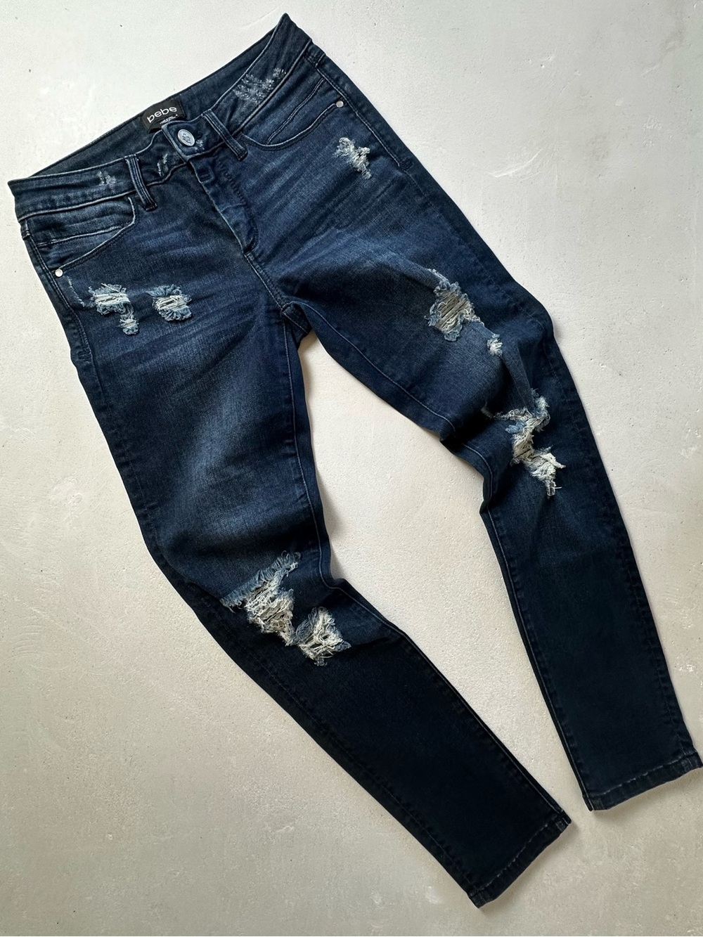 bebe Distressed Dark Indigo Skinny Jeans